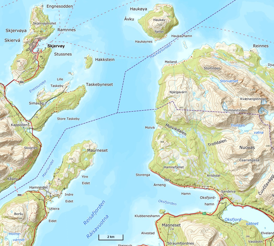 Kartutsnitt Reisafjorden